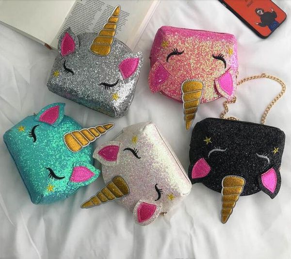 

sequins bags unicorn crossbody bag girls cartoon chain shoulder bags kids bling messenger bags gift 5 colors, White