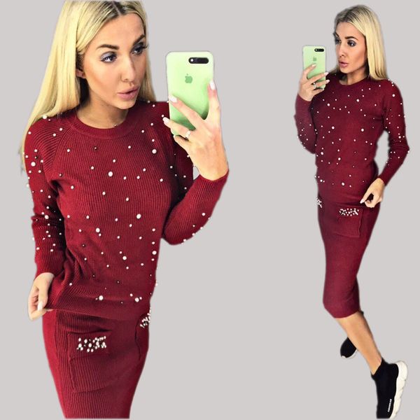 

women two piece dress warm set o-neck pearl beading knitted pullover pencil skirt womens elegant 2 piece suits, White