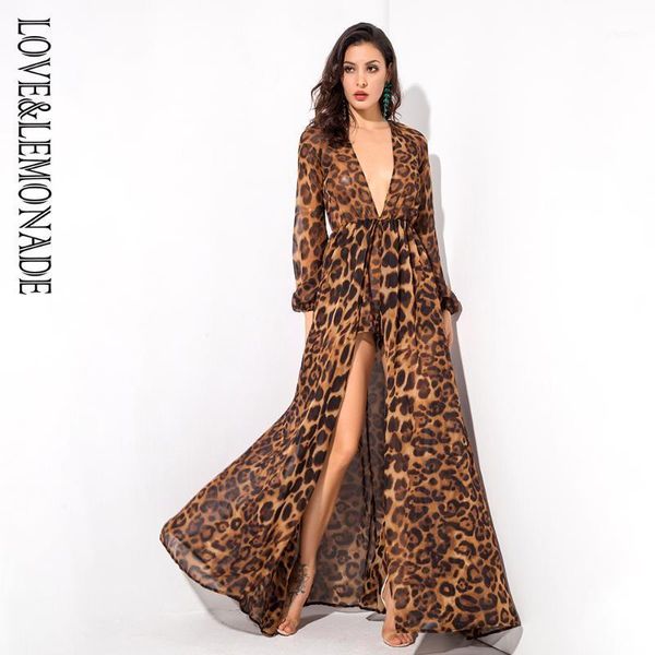

love&lemonade brown leopard pattern deep v-neck chiffon long-sleeved playsuit lm12711, Black;white