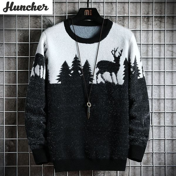 

huncher mens knitted sweater men autumn winter casual christmas tree deer pullover vintage black slim fit sweaters male 201105, White;black