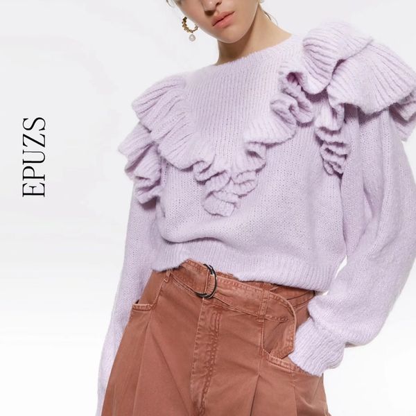 

vintage ruffles short knitted sweater women winter women sweater o neck long sleeve pullovers chic sweet puff femme y200910, White;black