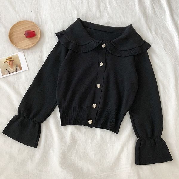 

gagarich women sweater autumn winter new korean chic sweet doll neck pearl single row horn sleeve knitted cardigan y200910, White;black