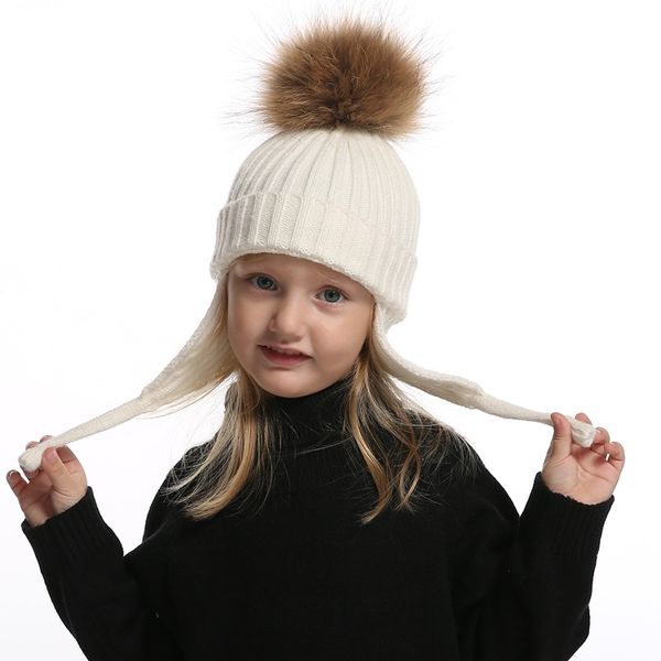 

kids earflap beanie boy girl winter wool hat real fur pompom hat warm knitted baby hat children pompon beanies cap y201024, Blue;gray