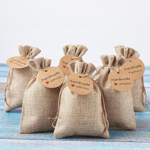 

1set burlap packing pouches drawstring bags with jewelry display kraft paper price tags and hemp cord twine string for bbyxli