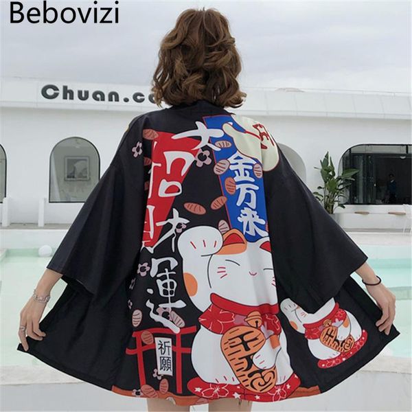 

bebovizi lucky cat кимоно япония streetwear кардиган harajuku robe японский стиль одежды лето мужчины женщины black pink jacket tops, Red
