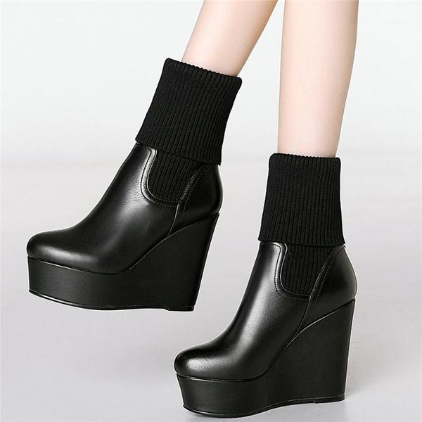 

chunky platform pumps shoes women genuine leather wedges high heel ankle boots female high round toe oxfords casual shoes1, Black