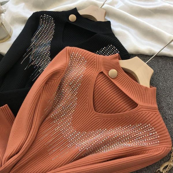 

turtleneck sweater bottoming shirt for women 2020 autumn winter new slim all-matching drilling hollow thickened knitting, White;black