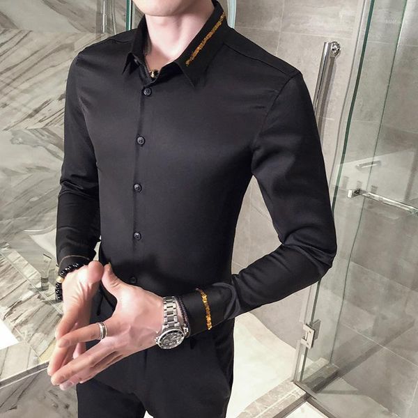 

gzdeerax solid color mens shirts luxury long sleeve paillette collar mens dress shirts fashion slim fit male casual shirt1, White;black