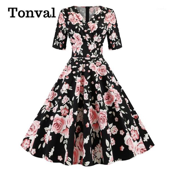 

tonval retro ruched v neck wrap vintage floral high waist summer dress 2020 women half sleeve elegant party pinup midi dresses1, White;black