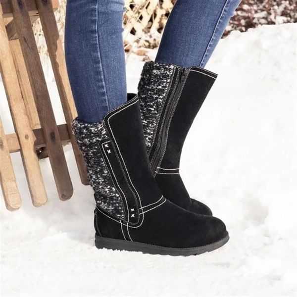 

boots snow mid-calf elegant women winter fur lined warm ladies casual round toe shoes footwear solid colour botas, Black