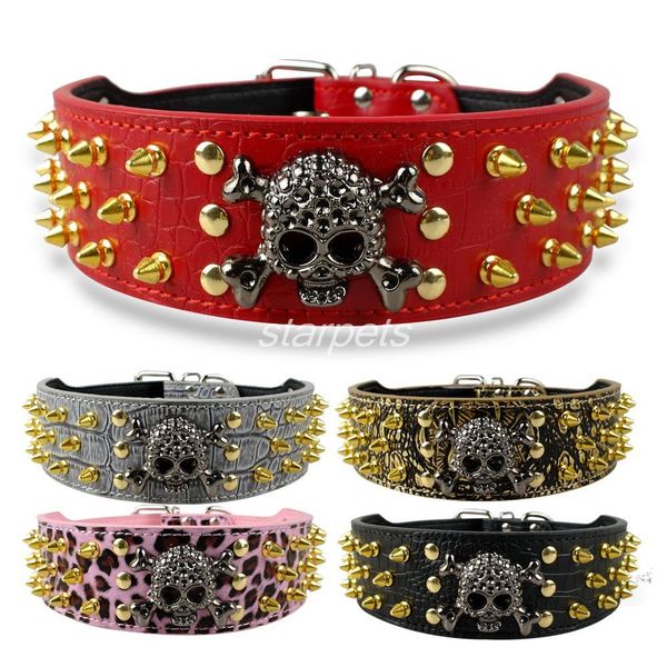 

collar piel tachuelas perro, de 2 "de ancho, dorado, con calavera, para medium large 15-24