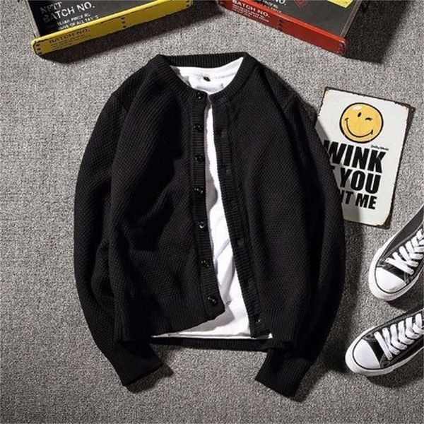 

2021 spring autumn male kong mesh cardigan students fashion solid color around the neck button to sweater 6go6, White;black