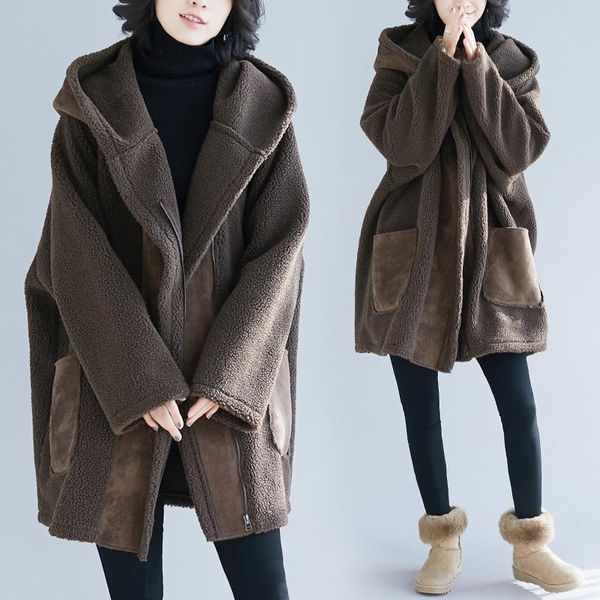 

big size autumn winter women fashion elegant fleece outerwear ladies female plus large long warm thick cardigan jacket coat, Black;brown