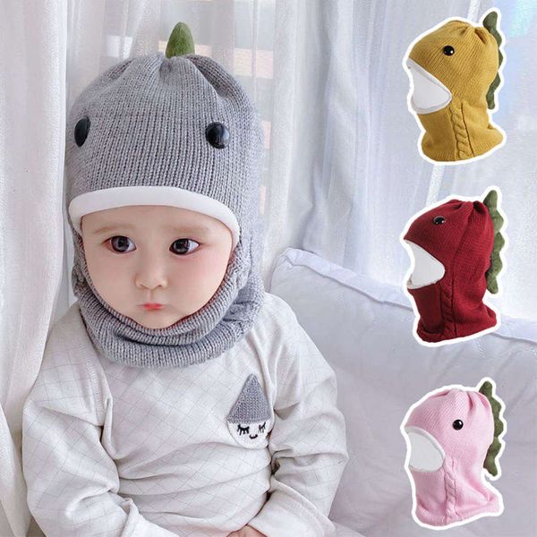 

winter children's scarf set autumn and cartoon dinosaur plush thickened baby knitted hat, Red;brown