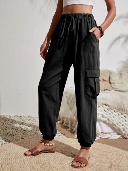 

flap pocket cargo pants p3ln#, Black;white