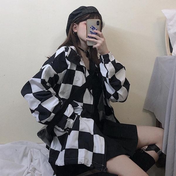 

women's jackets checkerboard thin jacket women sunscreen checker casual drawstring harajuku plaid oversize coat grunge street style 202, Black;brown