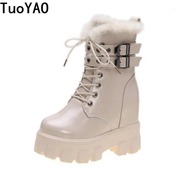 

boots shoes women winter warm motorcycle 2021 british style platform sneakers 10cm heels thick bottom plush leather woman1, Black