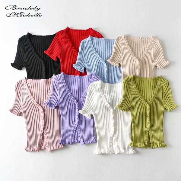 

bradely michelle women fashion short-sleeve ruffles cardigans with single breasted big elastic knitted crop 201111, White;black
