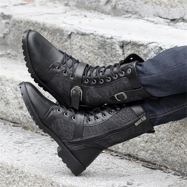 

boots gothic punk style men's autumn and winter high fashion motorcycle round toe lace-up thick shoes black1, Black