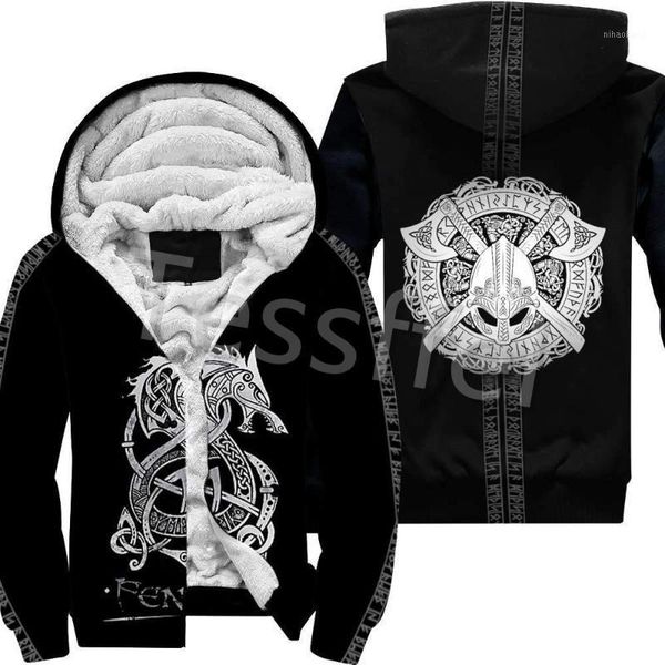 

3d printed pirate viking tattoo winter hoodies men fleece warm hood thick coat zipper men's hoodies jacket style-41, Black