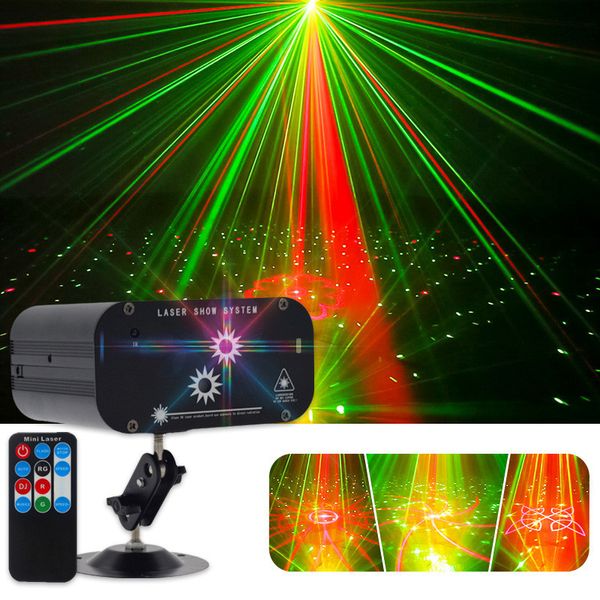 48 modelli di illuminazione laser a doppio foro Mini illuminazione a effetto scenico a LED Lampada per proiettore per feste di Natale Barra di controllo del suono RGB Luci da discoteca per DJ