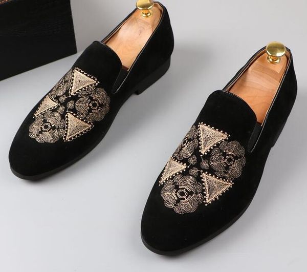 

new arrival mens banquet prom wear velvet leather shoes embroidery slip on driving shoe black summer breathable loafers sapatos