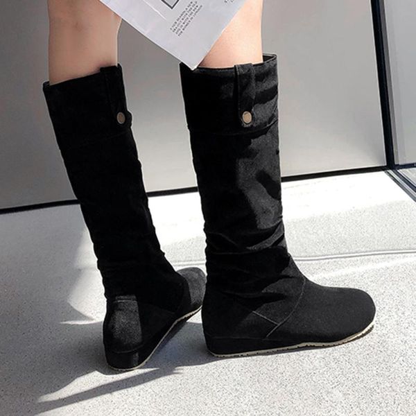 

fashion suede boots women winter pure color round toe slip-on flat heels vintage shoes thigh high boots botas mujer footwear, Black