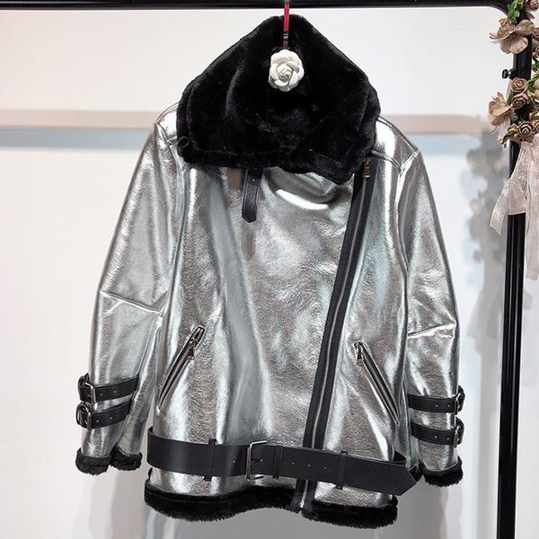 

european style metal silver leather jackets women designer winter automotive woman leather jackets lady velvet overcoats a3321, Black