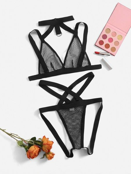 

plus fishnet criss cross lingerie set q6zq#, Black;white
