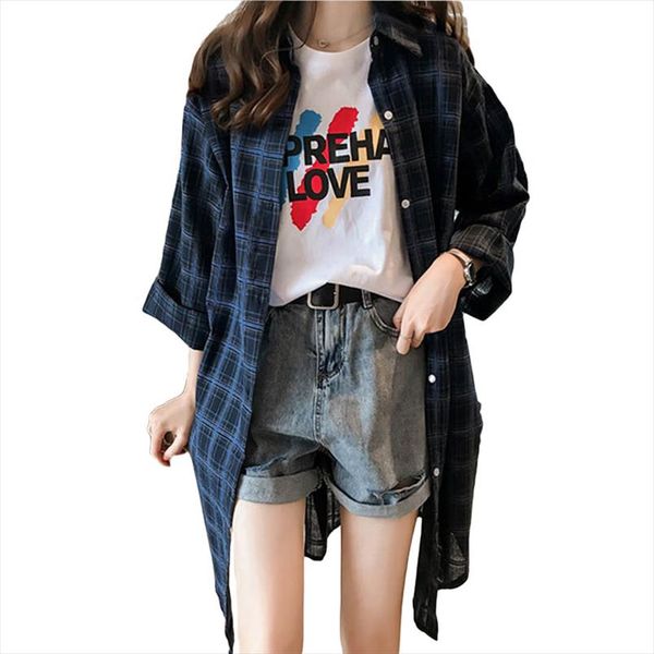 

summer womens blouses shirt plaid 2020 bf long sleeve plus size long section women plaids shirts red blue yellow white