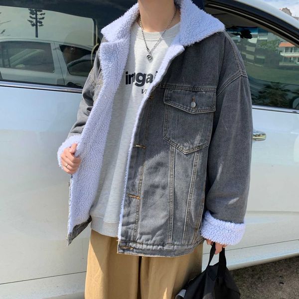 

autumn and winter men's korean fashion loose lamb plush denim cotton padded casual cool student lapel coat, Black;brown