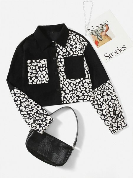 

leopard dual pocket corduroy jacket c9bu#, Black;brown