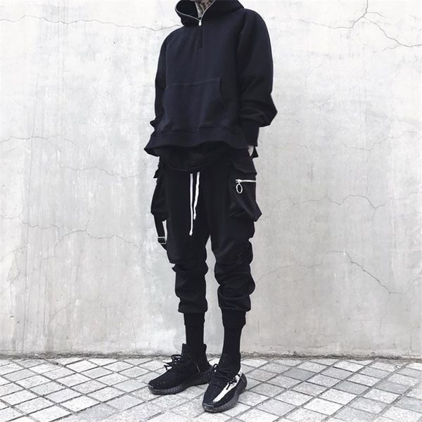 

2020 new arrival men pants cotton full length hip hop men pants ribbon hole casual overalls us size, Black