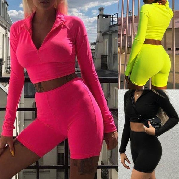 

women neon solid tracksuit long sleeve turtleneck zipper crop shorts x7ya1, Gray