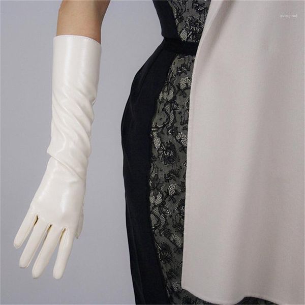 

five fingers gloves 40cm patent leather long section pu emulation warm bright mirror creamy beige cream female1, Blue;gray