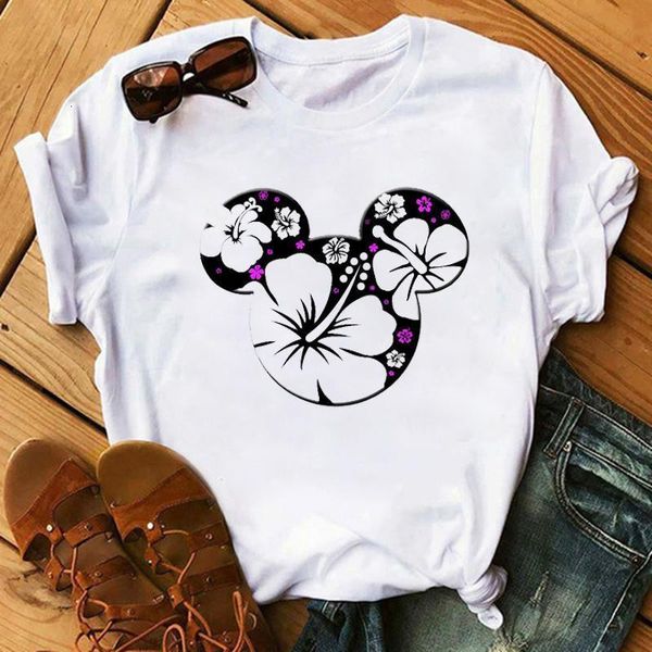 

new summer women cartoon mouse floral graphic printed t shirt fashion round neck woman clothing short sleeve tshirt, White