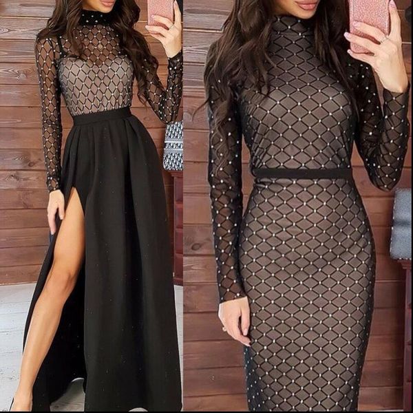 

2021 womens black dresses new female bandage sheer bodycon long sleeve evening party cocktail club midi dress, Black;gray