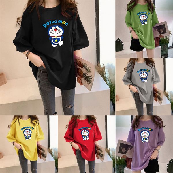 

cartoon dingdang cat short sleeve dresst-shirt dress women's dress 2020 summer loose large medium length student t-shirt 41fjq, White