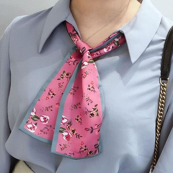 

2020 elegant floral silk long women scarf hair tie band small neckerchief head luxury designer, Blue;gray