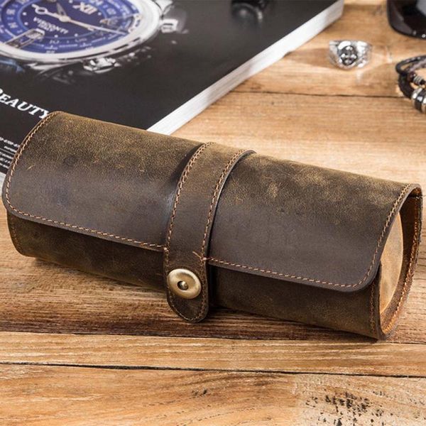 

3 slots genuine leather watch roll travel case portable vintage horse leather display watch storage box organizers, Pink;blue