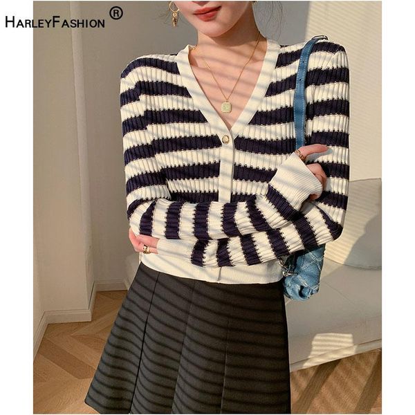 

women's knits & tees harleyfashion women temperament skinny classic striped design knitted cardigans fashion v neck buttons warm and so, White
