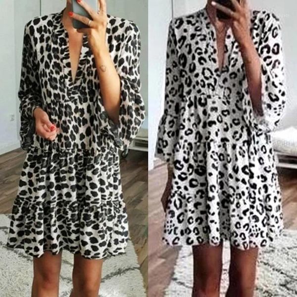 

women's swimwear women casual dress holiday v neck leopard print elegant summer sundress short sleeves beach party robe femme1, White;black