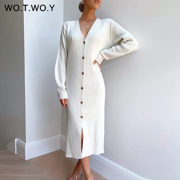 

wotwoy autumn winter basic long cardigans women casual single breasted v-neck knitting sweaters female button sweater lady 201203, White;black