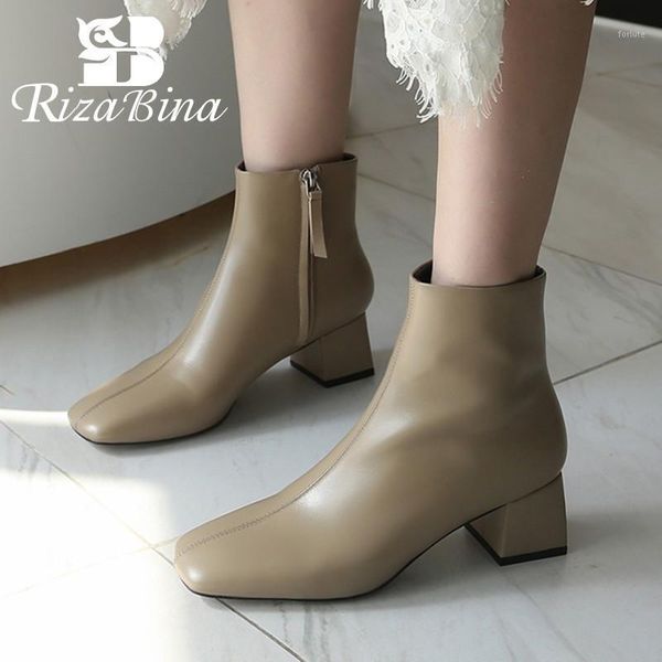 

rizabina women genuine leather winter ankle boots square toe thic k heel zipper solid color footwear size 34-401, Black