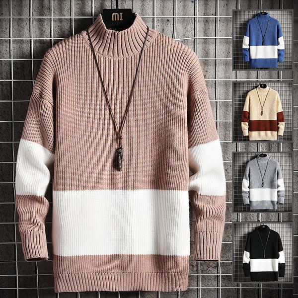 

marchwind new men's knit long sleeve regular sweater for men winter half high collar patchwork pullovers bottoming jumper, White;black