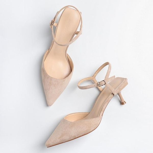 

thin heeled pointed toe sandals women 2020 new flock one belt buckle high heels pointed toe sandals women pumps big size g00271, Black