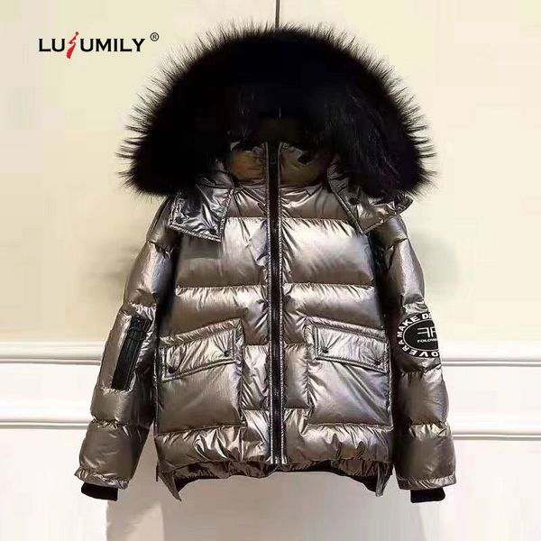 

lusumily women's down jacket winter loose short warm coats white duck down parka large faux fur collar glossy outwear female t200114, Black