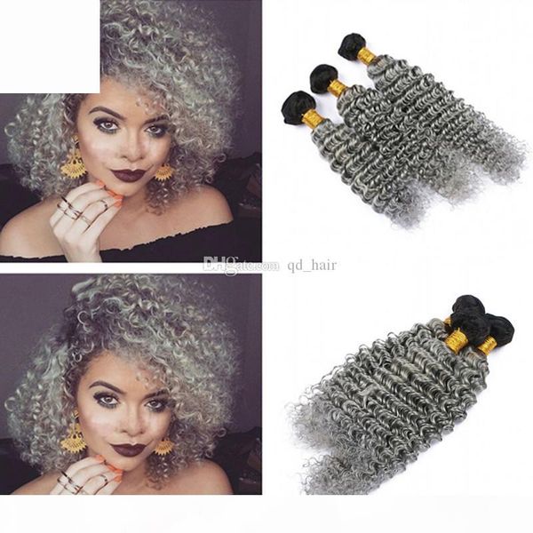 

two tone color silver grey deep wave hair weaves 3pcs unprocessed human hair weft deep curly 1b grey hair 3bundles extension, Black