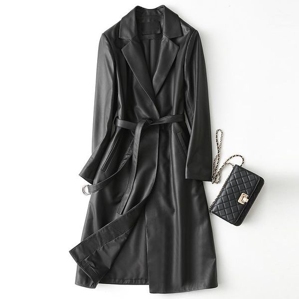 

genuine leather coat women spring autumn sheepskin leather jacket female soft touch with belt elegant npi 90322b1, Black