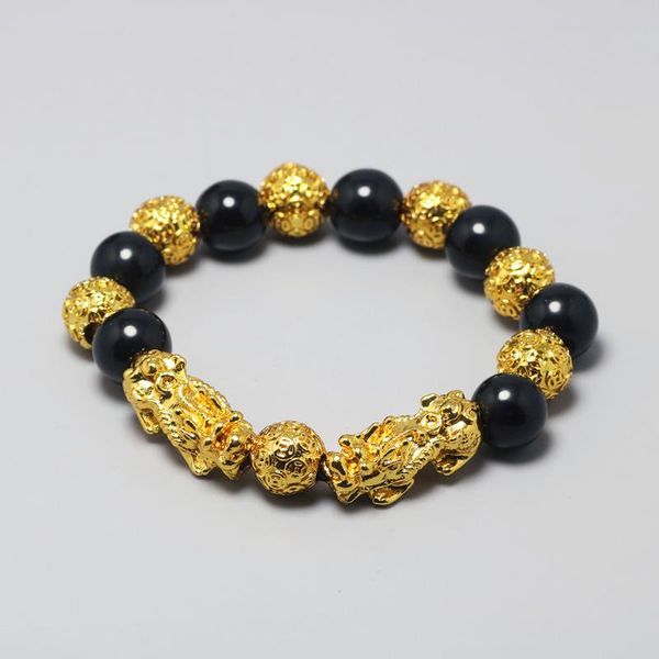 

natural stone beads charm bracelets mens alluvial gold color pixiu bracelet elastic rope diy handmade fengshui jewelry, Black